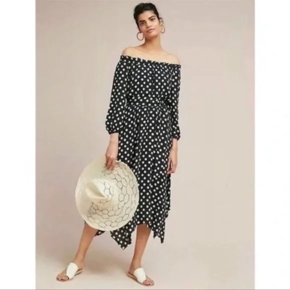 Anthropologie Maeve Gerti Polka Dot Off Shoulder Belted Waist Midi Dress Size 2 - Picture 1 of 12